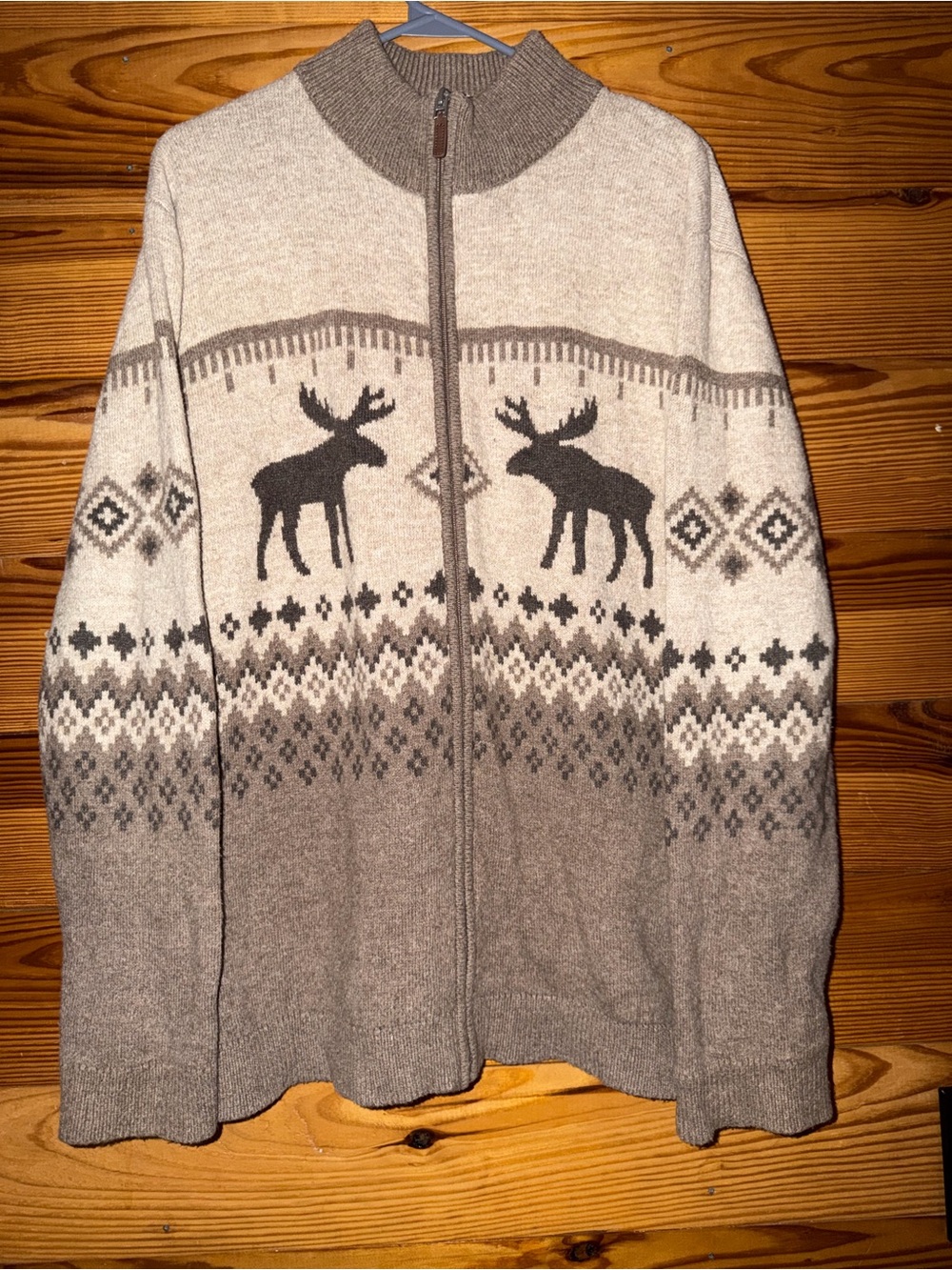 Men's Zip-Up Moose Pattern Sweater Cardigan - Beige/Gray